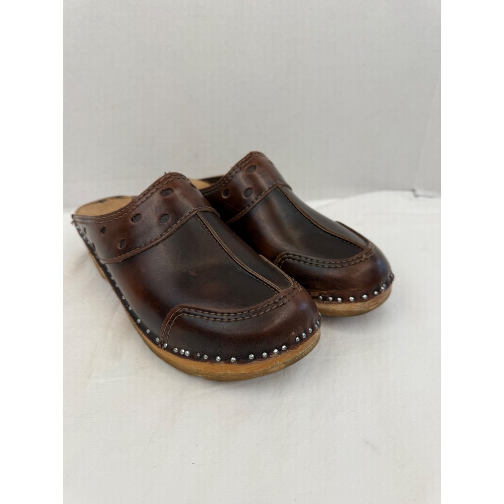 Troentorps of Bastad Ideal Vintage Brown Leather‎ Wooden Clogs Sweden Size 38